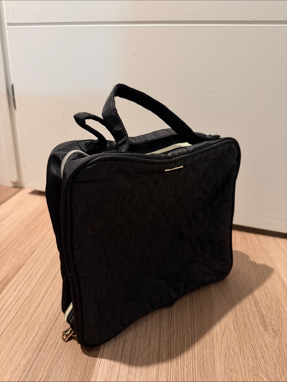 Black Quilted Floral Cosmetic Travel Case with Top Handles